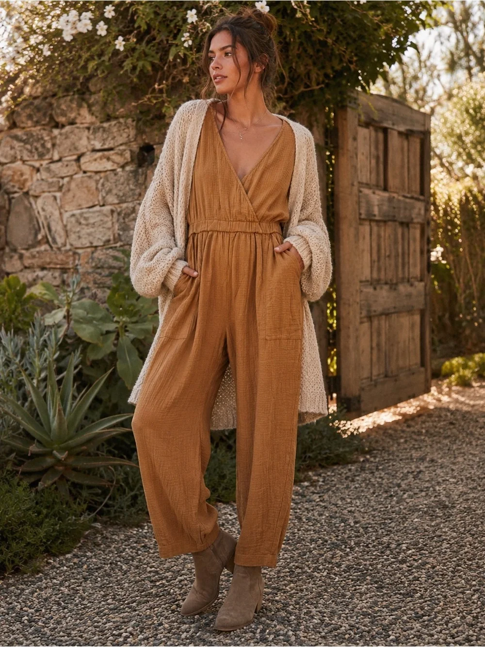 Free People Gauze Cotton Jumpsuit Large Camel Brown Oversized Boho Patch Pockets